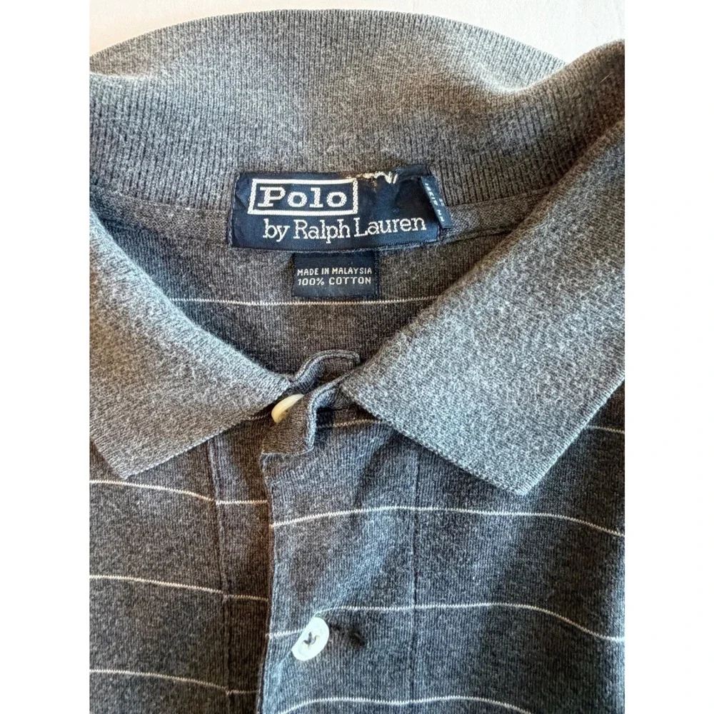 Polo Ralph Lauren Mens Long Sleeve Pinstripe Polo Shirt Grey Cotton Size XL